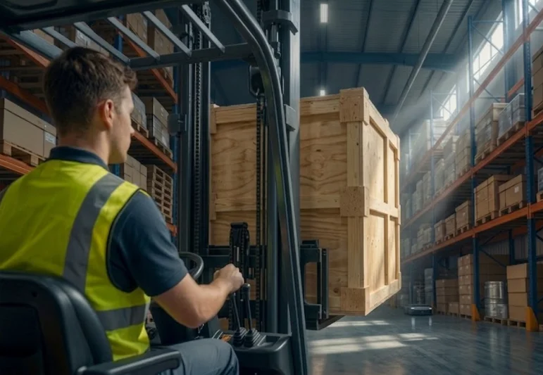 Operador transportando una tarima de madera en un entorno industrial 