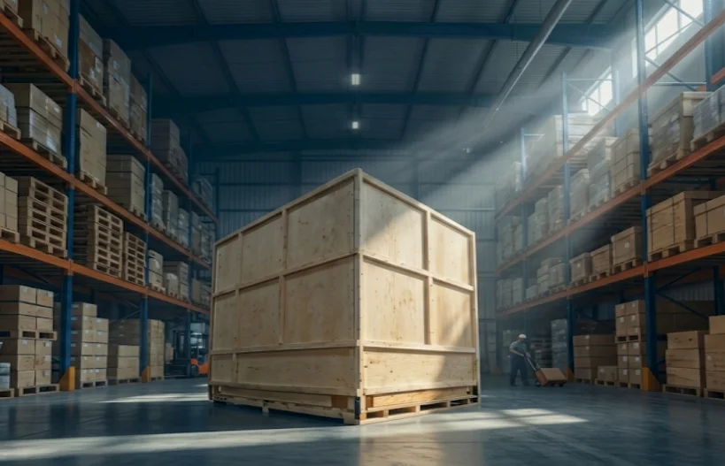 Tarima de madera empaquetada en una industria para la protección y transporte seguro de productos durante la cadena logística