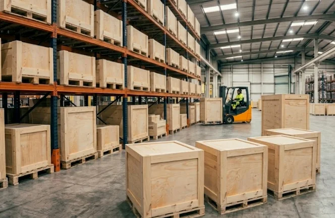 Varias tarimas de madera empaquetadas en una industria, listas para su almacenamiento